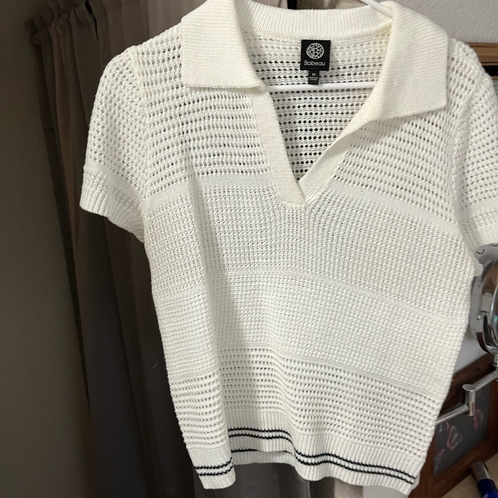 Bobeau White Gray Ribbed Polo Jersey